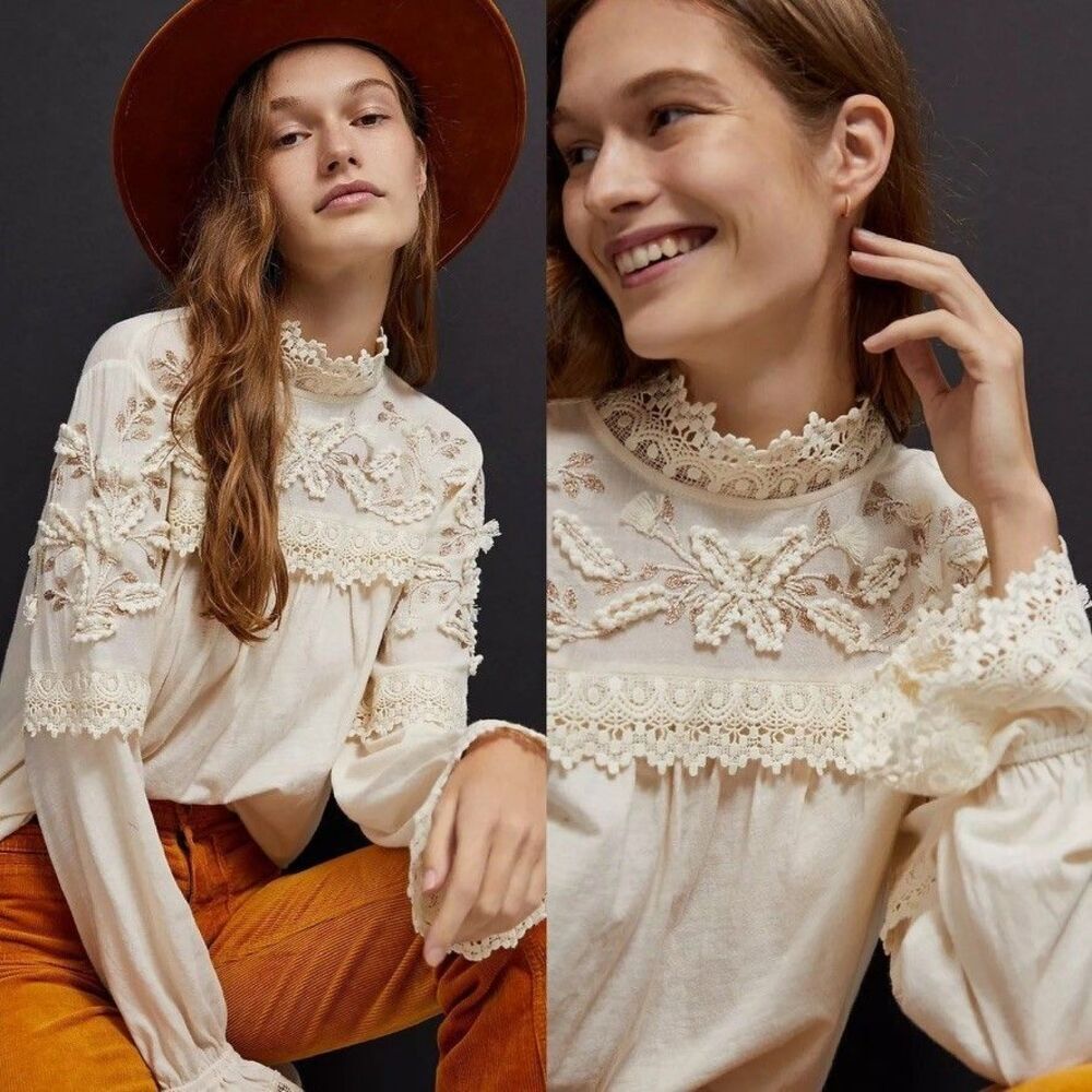 Anthropologie Jemma Cream Crochet Lace Romantic Blouse Size M NEW - Picture 6 of 7